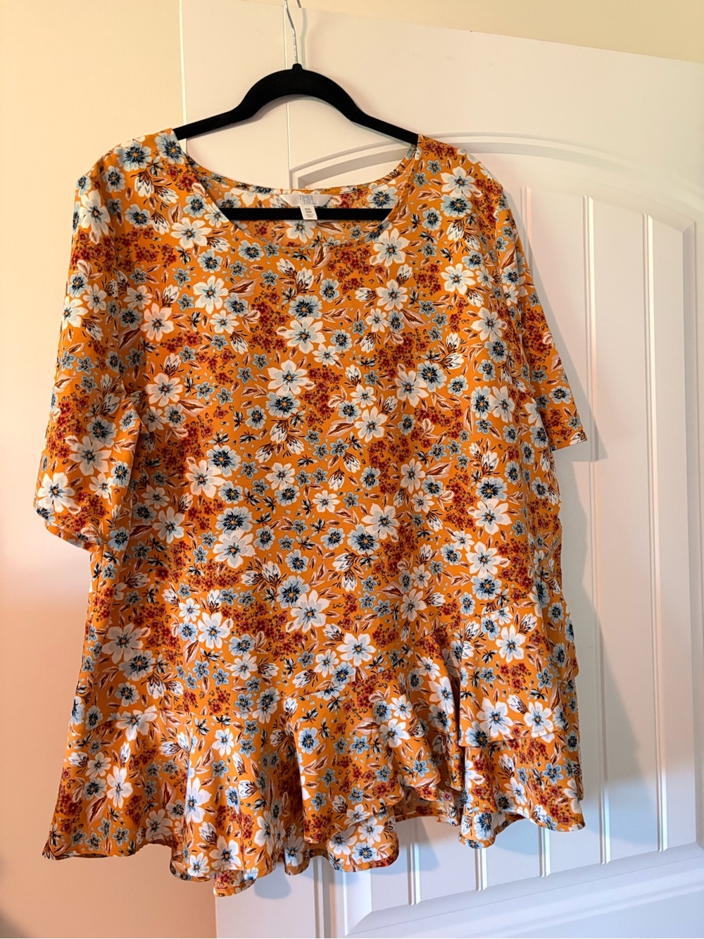 Time and Tru Mustard Yellow Floral Ruffle Hem Dress